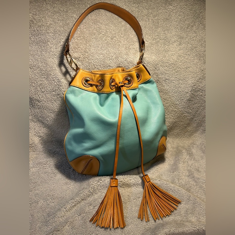 Michael Kors Griffin Drawstring Hobo Turquoise & Tan Leather - Picture 1 of 10